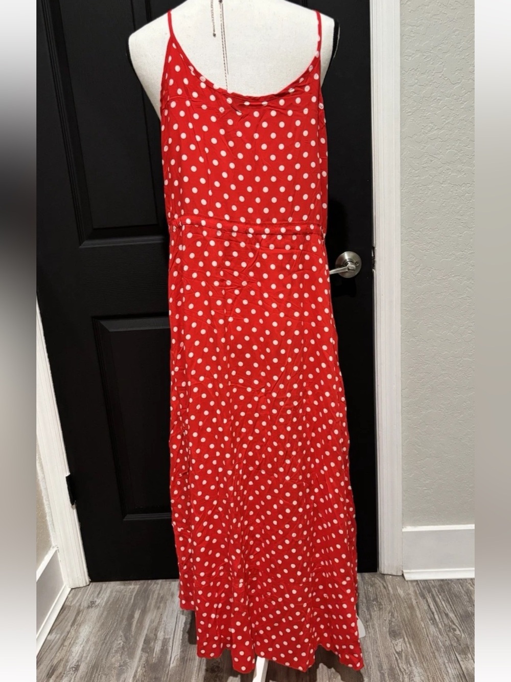 Red Polka Dot Midi Dress Lightweight Flowy Boho Spaghetti Strap XL - Picture 2 of 9